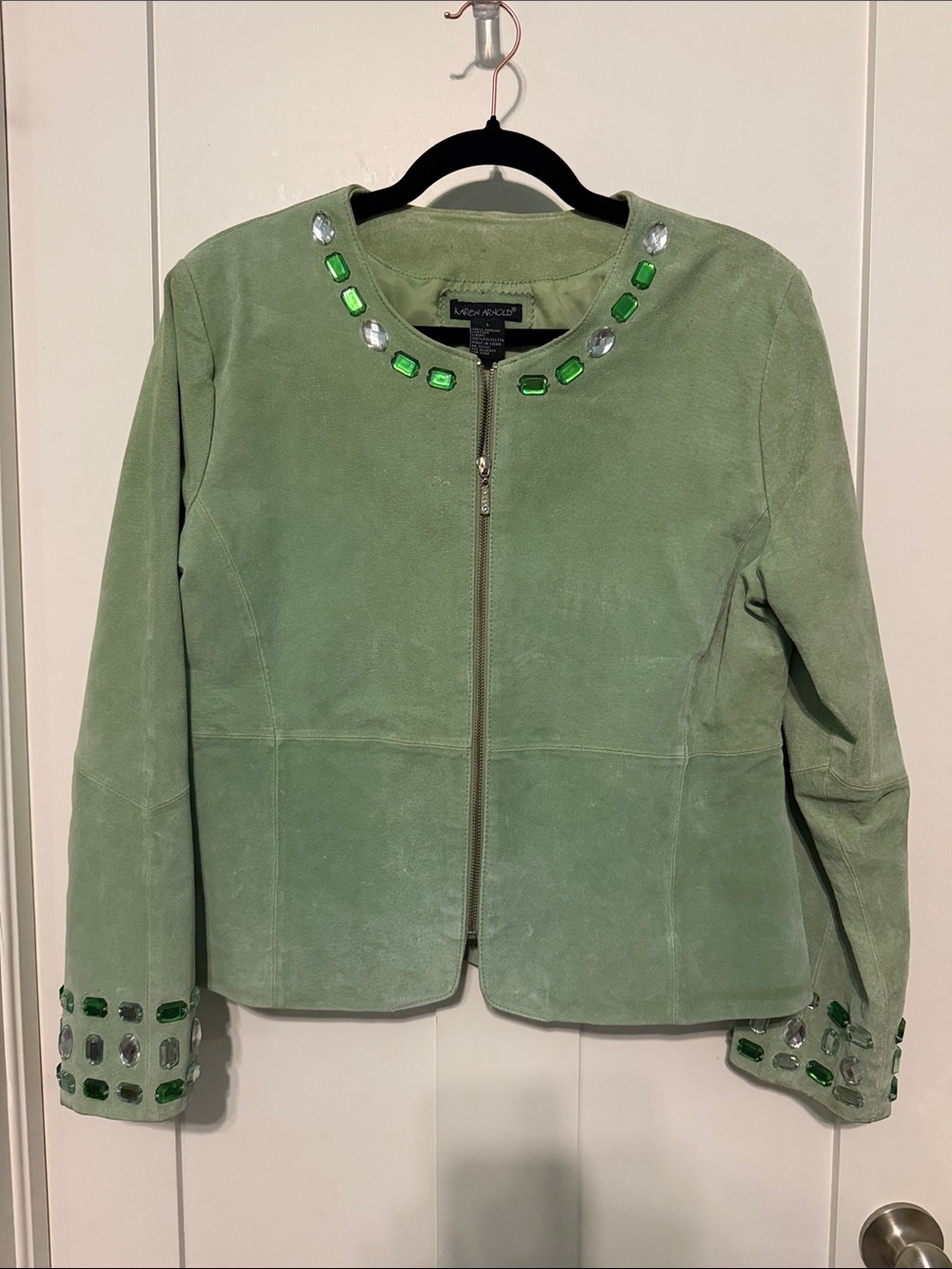 Karen Arnold Vintage Y2K Sage Lime Green 100% Suede Leather Jeweled Jacket